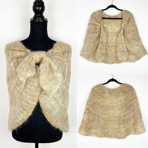 T Swarte Schaep S/M Hand Knitwear Wrap Shawl Cape Heritage Dutch Wool Tan Cream - Picture 3 of 13
